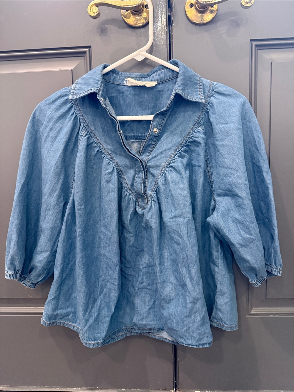 ba&sh Light Blue Denim Peasant Blouse